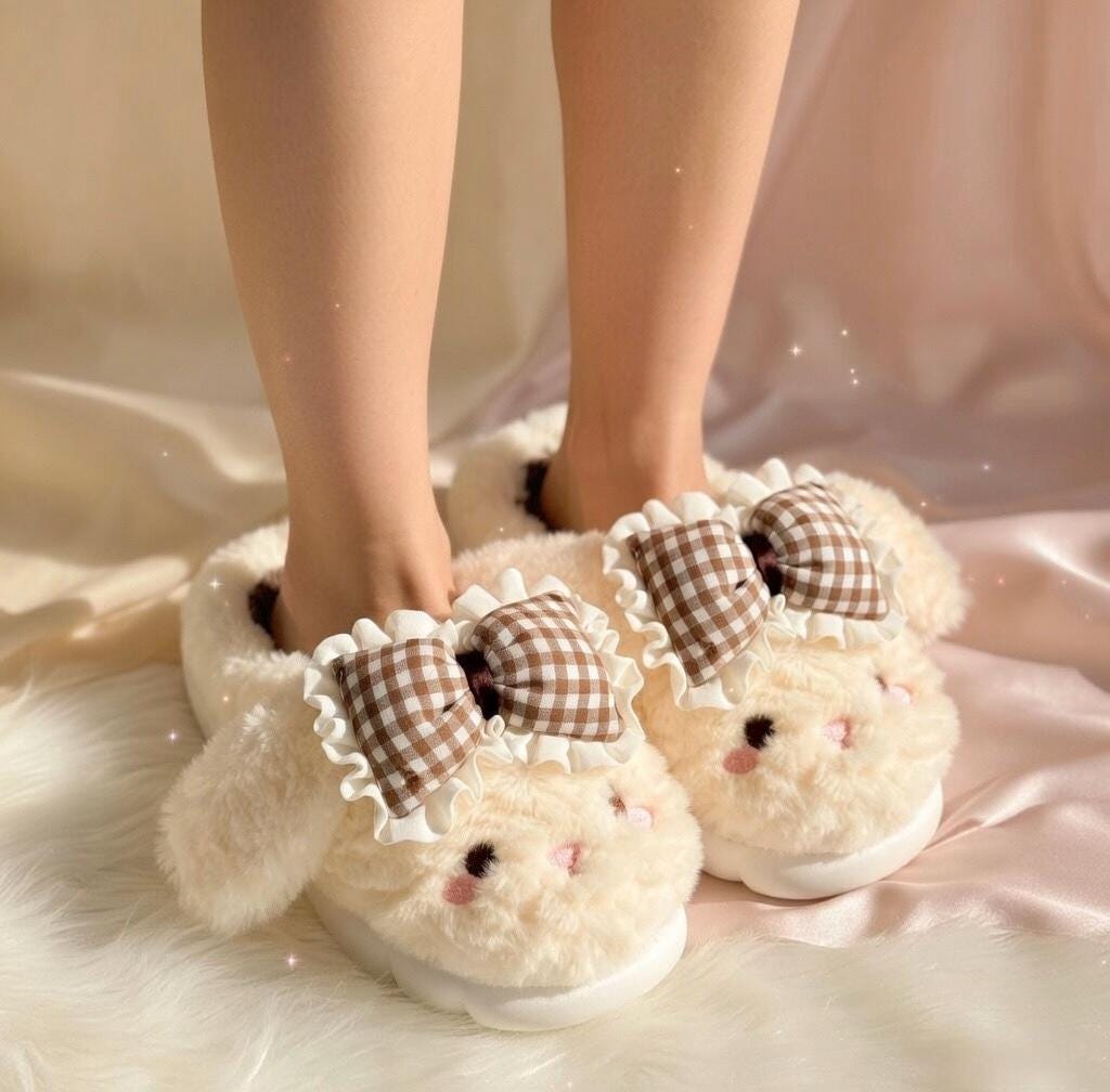 Coquette Bunny Slippers with Bow, Plush Kawaii Rabbit Indoor Shoes | SoftSlipsy