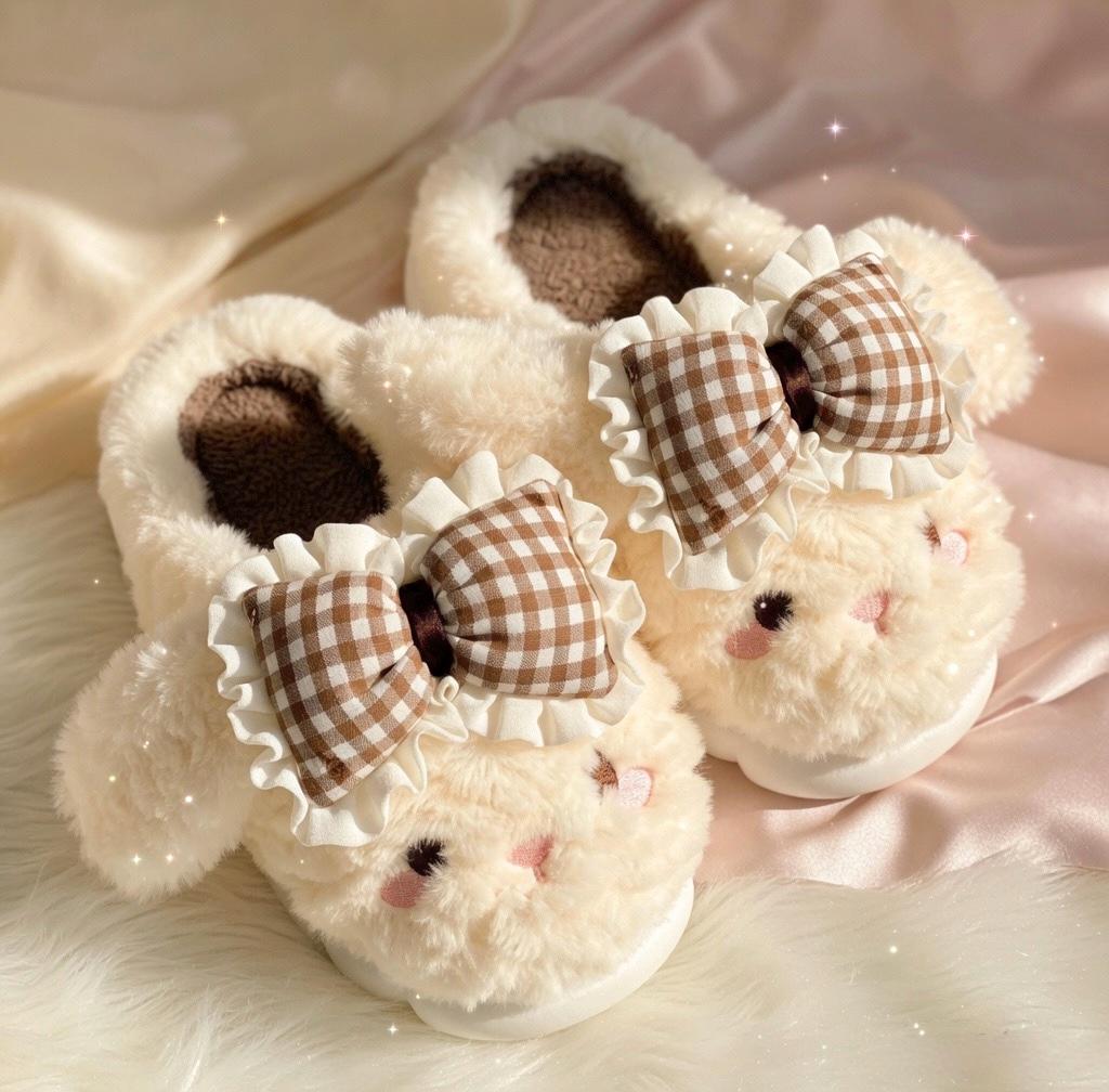 Coquette Bunny Slippers with Bow, Plush Kawaii Rabbit Indoor Shoes | SoftSlipsy