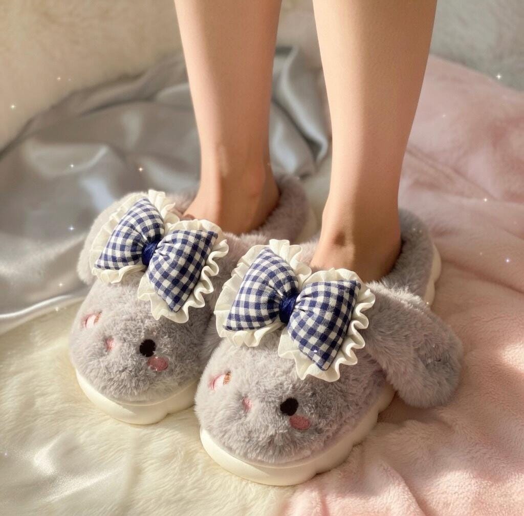 Coquette Bunny Slippers with Bow, Plush Kawaii Rabbit Indoor Shoes | SoftSlipsy