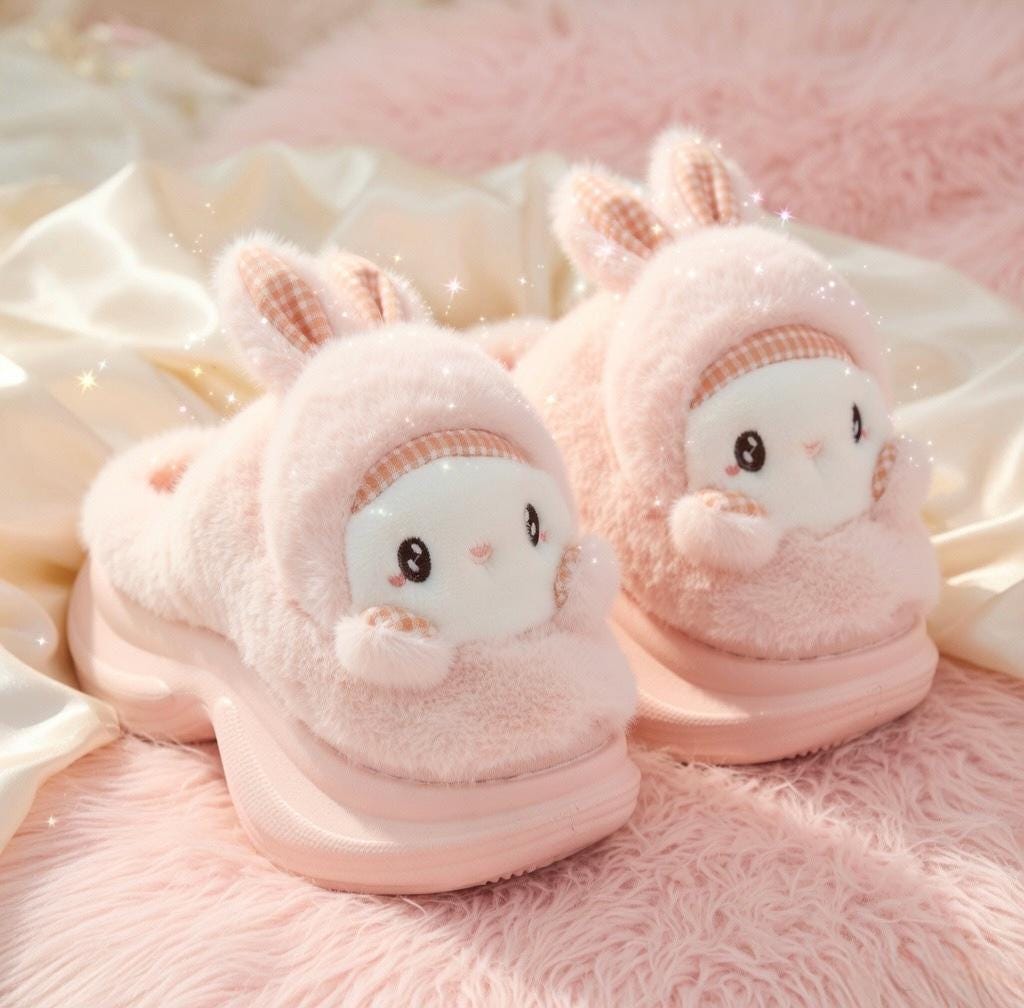 Plush Bunny Platform Slippers | Kawaii Rabbit House Shoes, Cozy Winter Indoor Footwear | SoftSlipsy