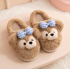 Plush Teddy Bear Slippers with Bow | Cozy Winter House Shoes | SoftSlipsy