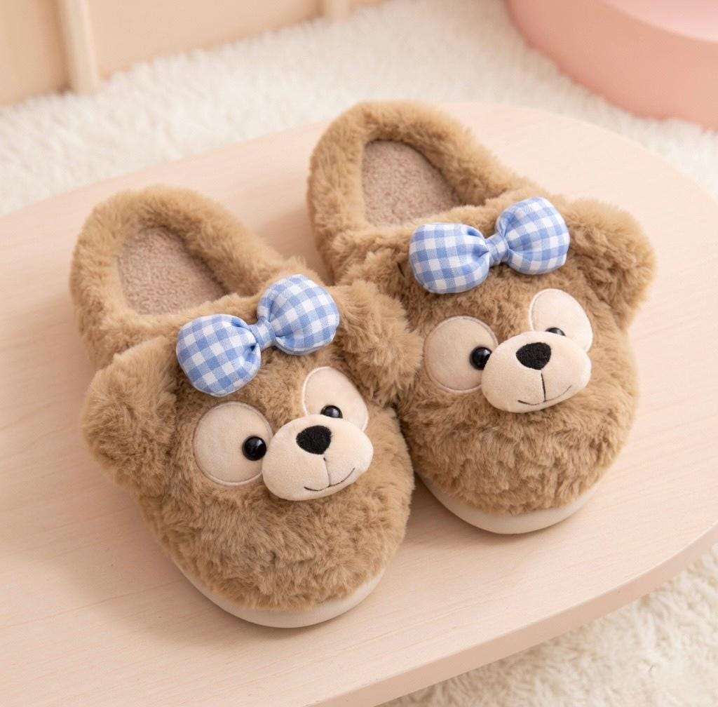 Plush Bow Bear Slippers | Cozy Teddy Bear Indoor Shoes for Women | SoftSlipsy