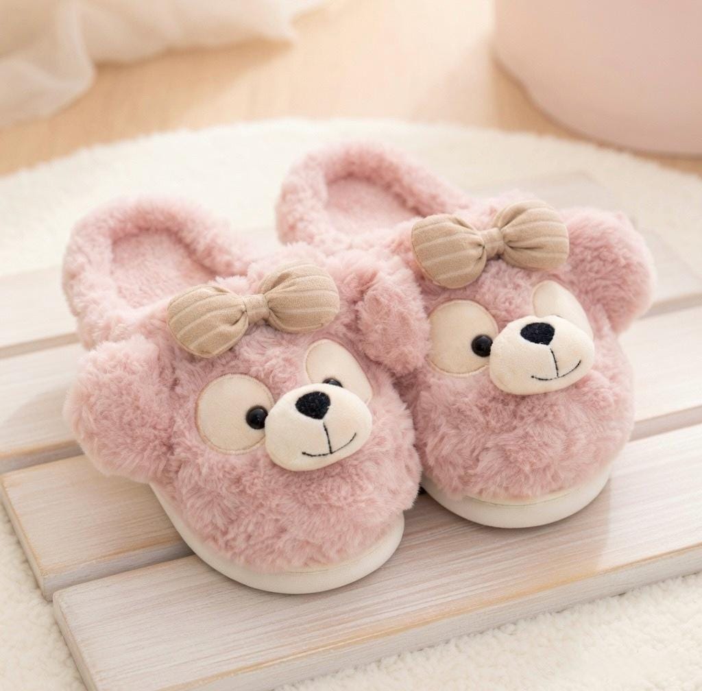 Plush Bow Bear Slippers | Cozy Teddy Bear Indoor Shoes for Women | SoftSlipsy