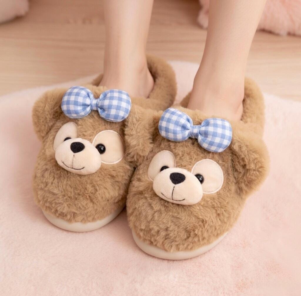 Plush Bow Bear Slippers | Cozy Teddy Bear Indoor Shoes for Women | SoftSlipsy