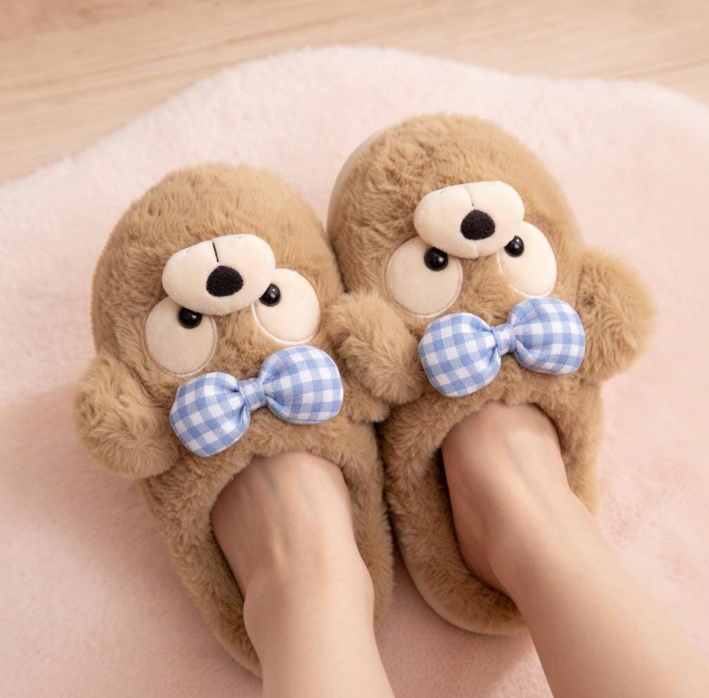 Plush Bow Bear Slippers | Cozy Teddy Bear Indoor Shoes for Women | SoftSlipsy