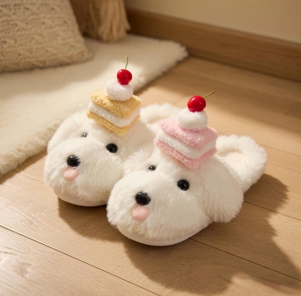 Women's Plush Dog Slippers with Cake | Fluffy Puppy House Shoes | Kawaii Footwear | SoftSlipsy