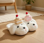 Women's Plush Dog Slippers with Cake | Fluffy Puppy House Shoes | Kawaii Footwear | SoftSlipsy