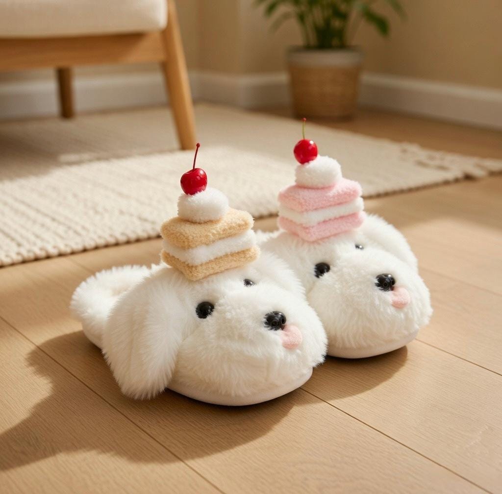 Women's Plush Dog Slippers with Cake | Fluffy Puppy House Shoes | Kawaii Footwear | SoftSlipsy