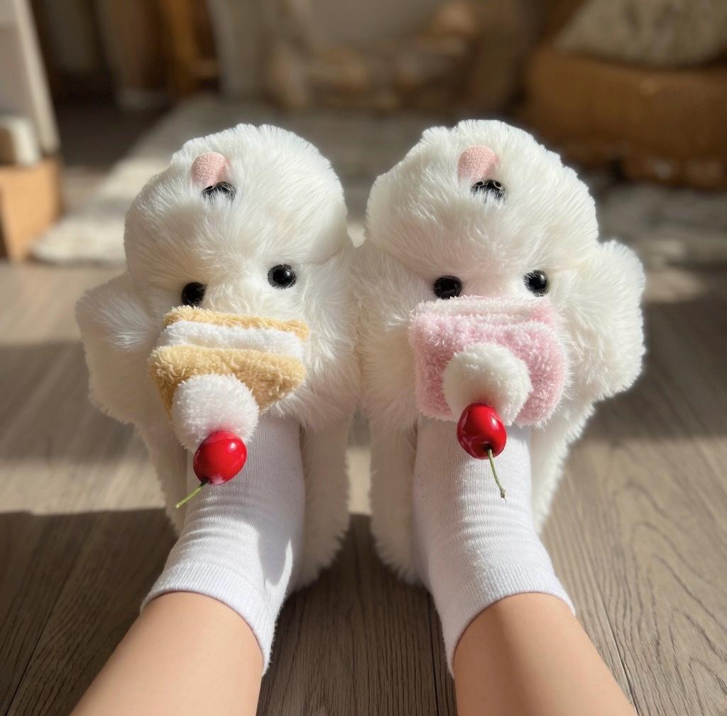 Women's Plush Dog Slippers with Cake | Fluffy Puppy House Shoes | Kawaii Footwear | SoftSlipsy