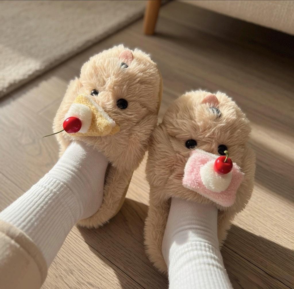 Women's Plush Dog Slippers with Cake | Fluffy Puppy House Shoes | Kawaii Footwear | SoftSlipsy