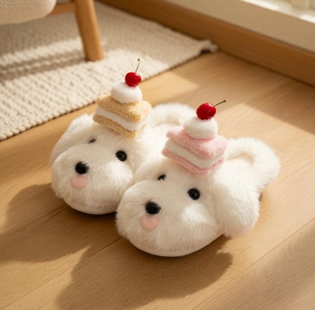 Women's Plush Dog Slippers with Cake | Fluffy Puppy House Shoes | Kawaii Footwear | SoftSlipsy