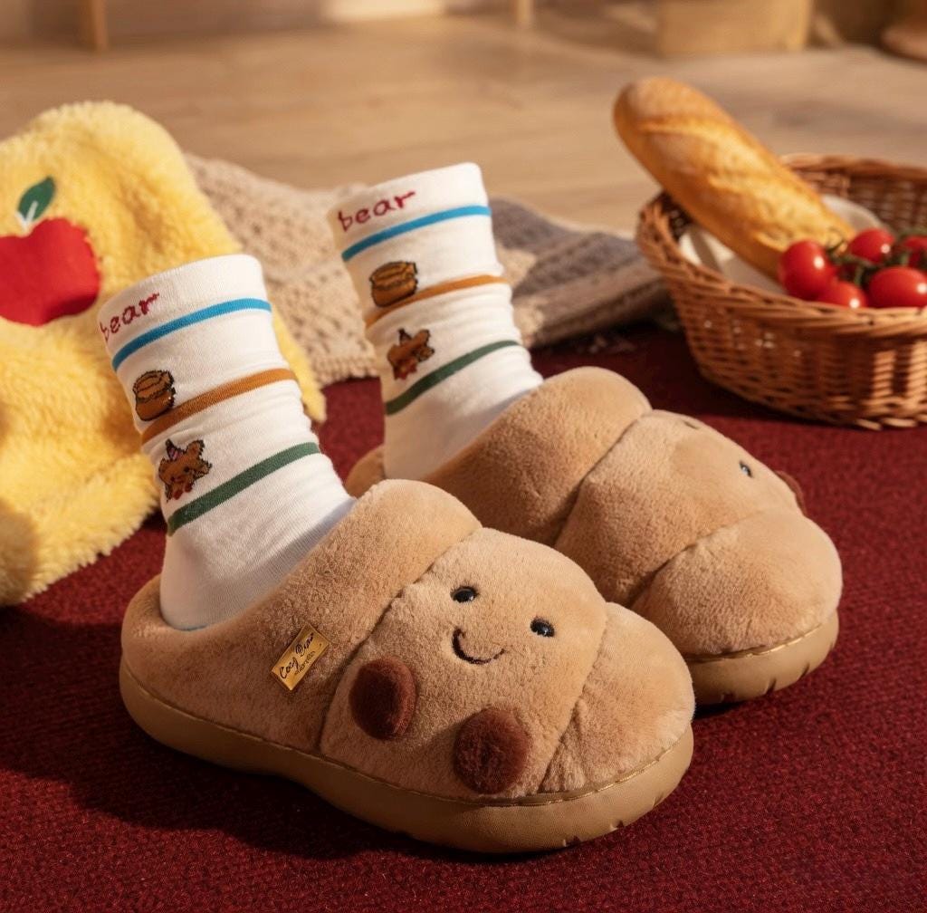 Women's Plush Croissant Slippers, Cozy Bread House Shoes, Soft Winter Indoor Footwear | SoftSlipsy