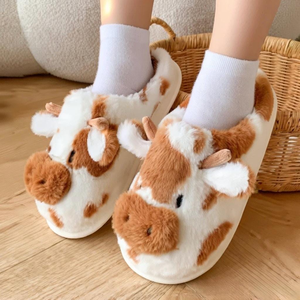 Fluffy Cow Plush Slippers | Cozy Fuzzy Indoor Shoes for Women | SoftSlipsy