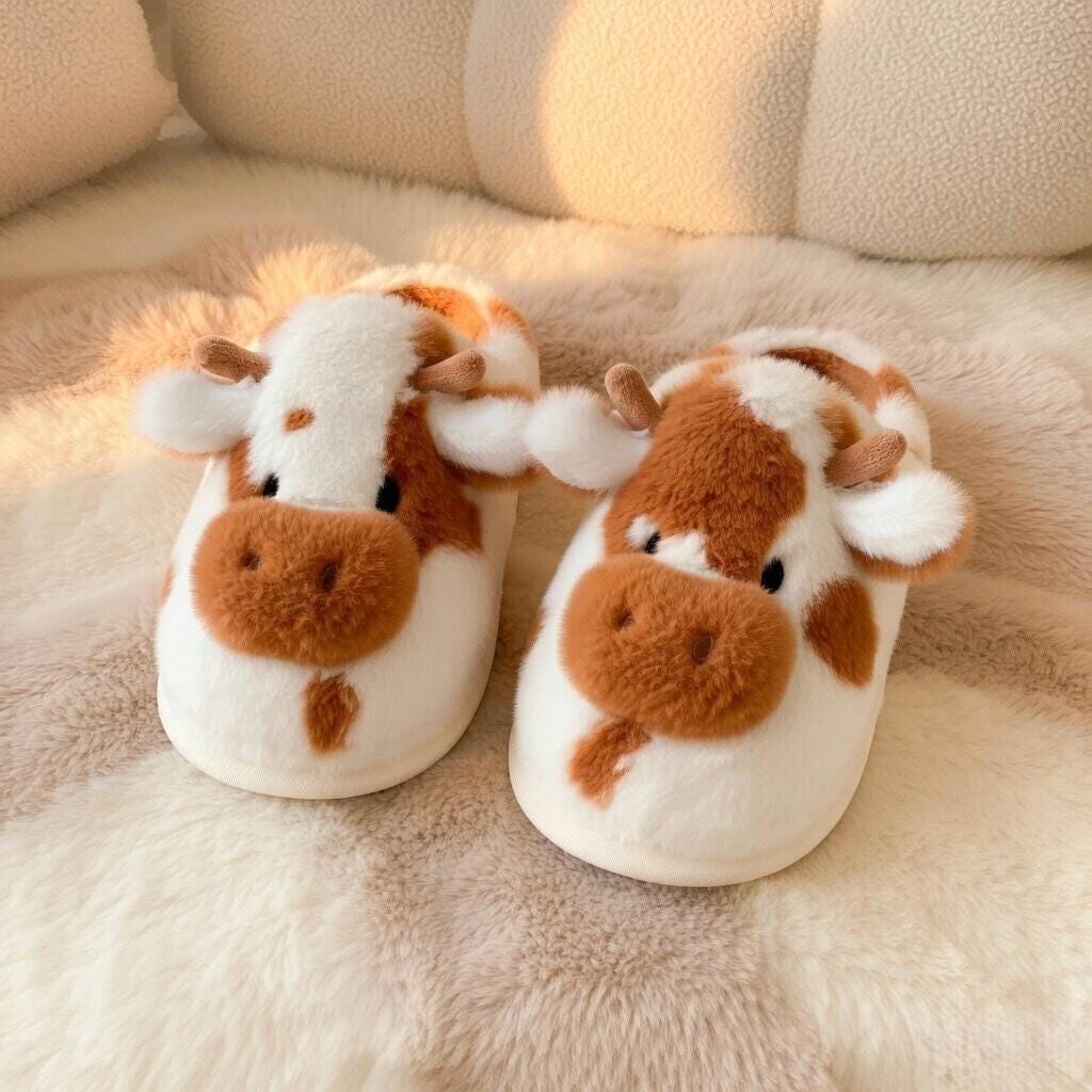 Fluffy Cow Plush Slippers | Cozy Fuzzy Indoor Shoes for Women | SoftSlipsy