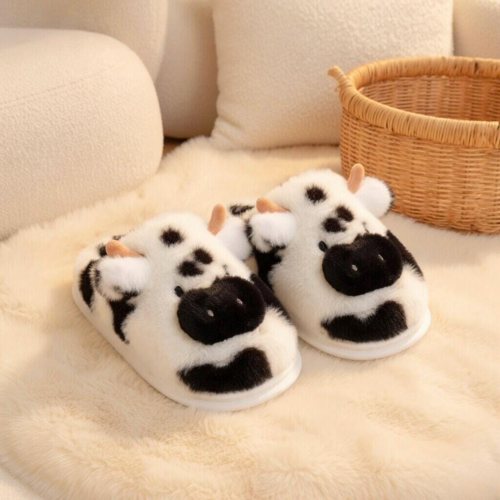 Fluffy Cow Plush Slippers | Cozy Fuzzy Indoor Shoes for Women | SoftSlipsy