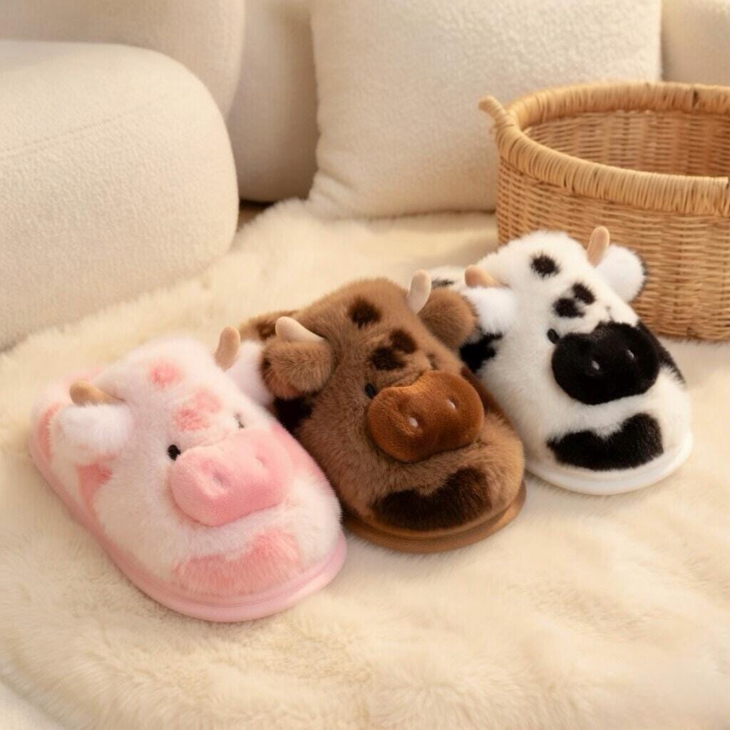 Fluffy Cow Plush Slippers | Cozy Fuzzy Indoor Shoes for Women | SoftSlipsy