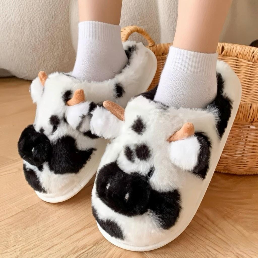 Fluffy Cow Plush Slippers | Cozy Fuzzy Indoor Shoes for Women | SoftSlipsy
