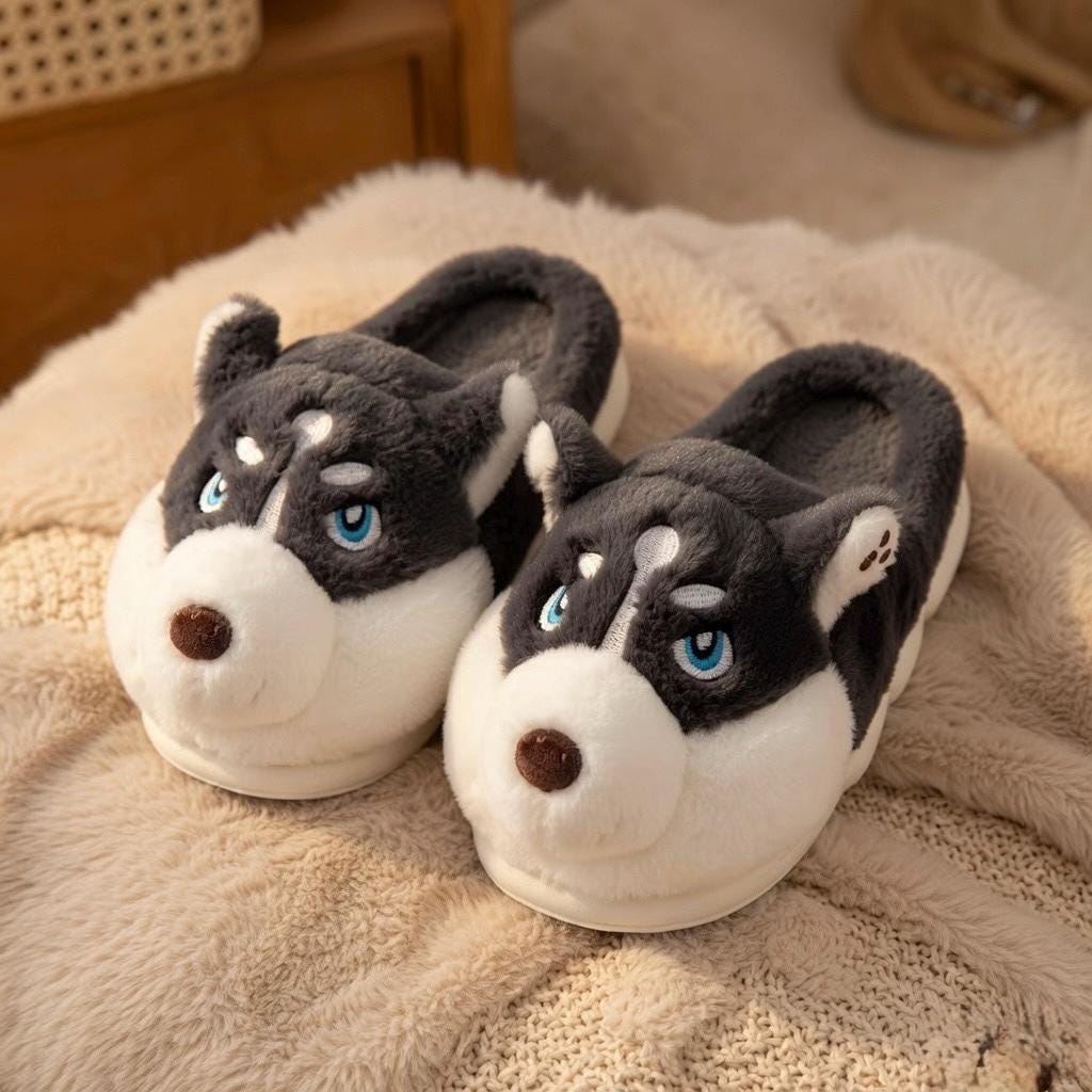 Plush Husky Slippers | Cozy Dog Face Indoor Shoes for Women | SoftSlipsy