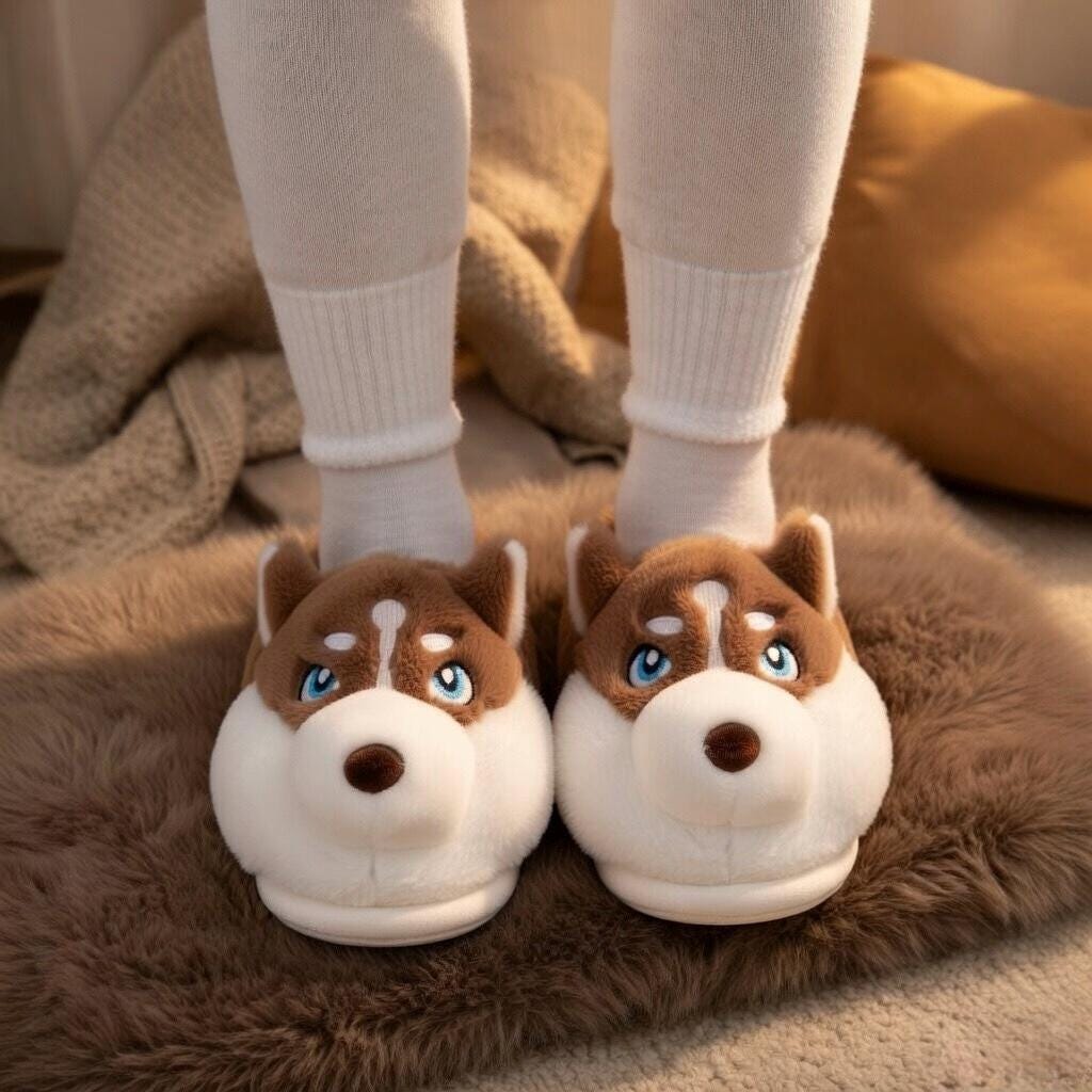 Plush Husky Dog Slippers | Cozy Animal House Shoes for Women | SoftSlipsy