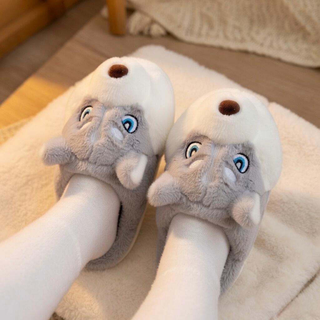 Plush Husky Slippers | Fluffy Dog Face Indoor Shoes, Cozy Warmth | SoftSlipsy