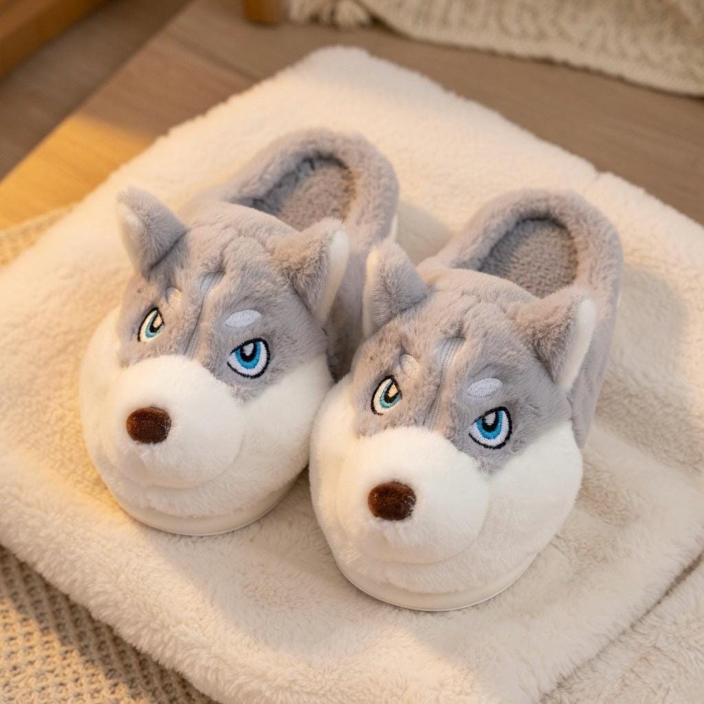 Plush Husky Slippers | Cozy Dog Face Indoor Shoes for Women | SoftSlipsy