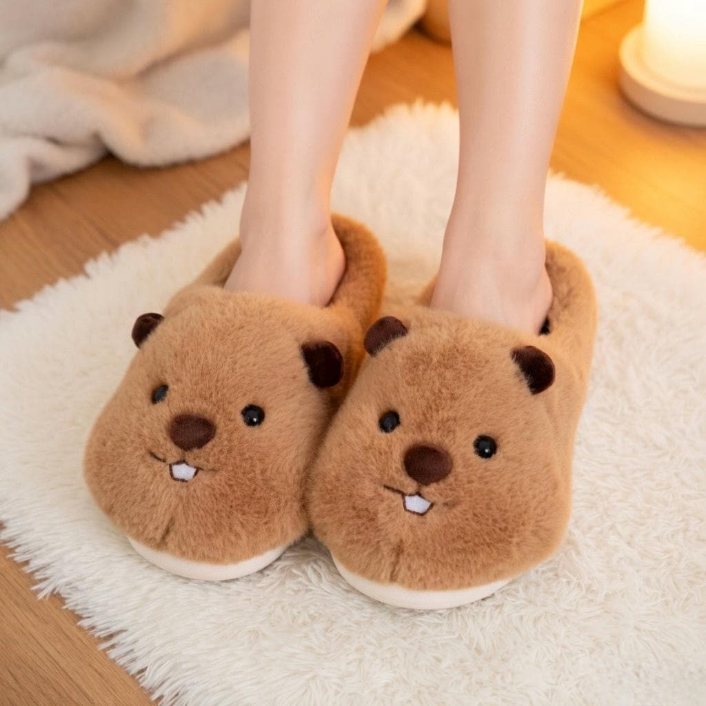 Fluffy Beaver Plush Slippers | Cozy Cartoon Animal House Shoes | SoftSlipsy