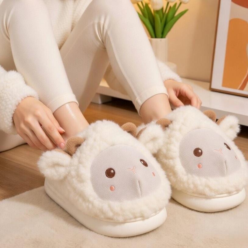 Fluffy Sheep Plush Slippers | Cozy Lamb House Shoes for Women | SoftSlipsy
