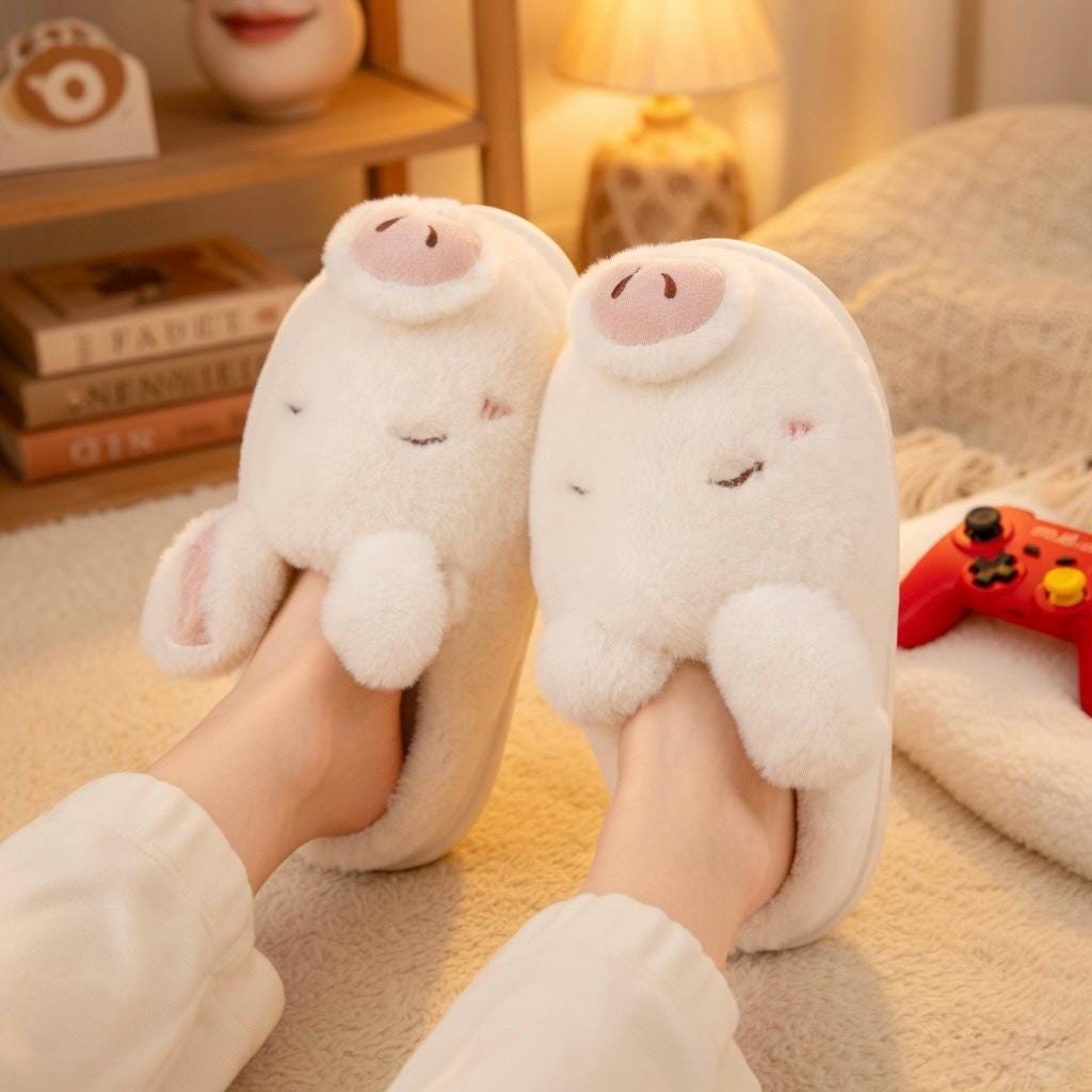 Plush Pig Slippers | Cozy Fuzzy Indoor Animal Shoes for Women | SoftSlipsy