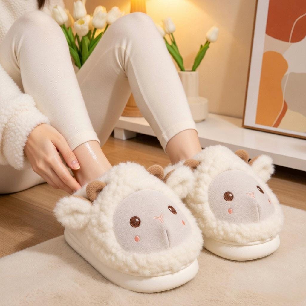 Fluffy Sheep Plush Slippers | Cozy Lamb House Shoes for Women | SoftSlipsy