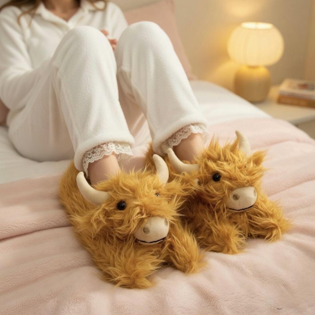 Highland Cow Plush Slippers | Fluffy Scottish Animal Cozy Indoor Shoes | SoftSlipsy
