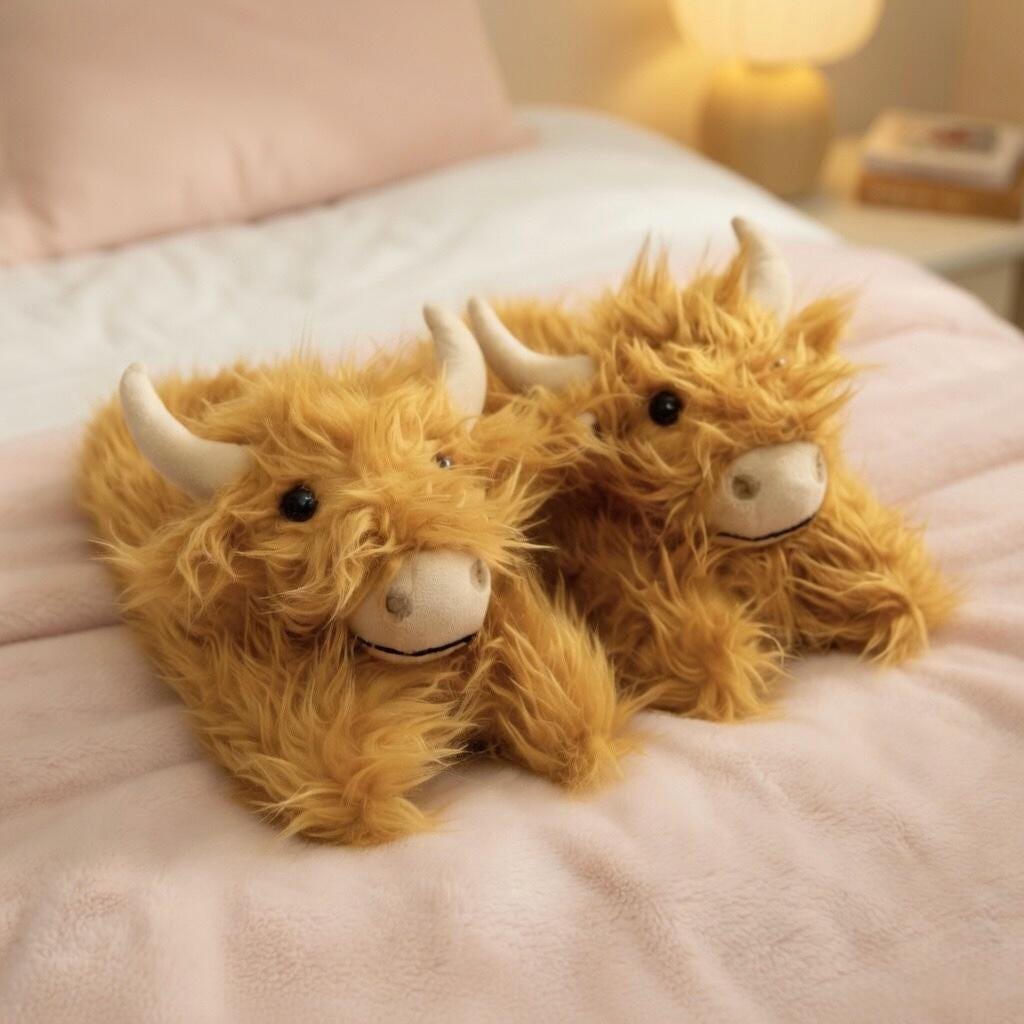 Highland Cow Plush Slippers | Fluffy Scottish Animal Cozy Indoor Shoes | SoftSlipsy