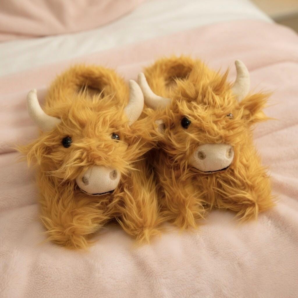 Highland Cow Plush Slippers | Fluffy Scottish Animal Cozy Indoor Shoes | SoftSlipsy