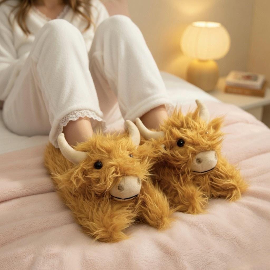 Highland Cow Plush Slippers | Fluffy Scottish Animal Cozy Indoor Shoes | SoftSlipsy