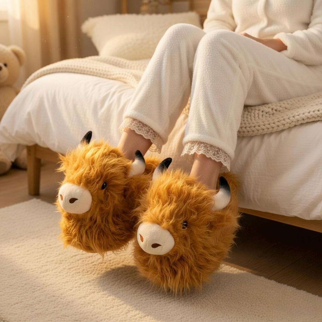 Highland Cow Plush Slippers | Fluffy Animal House Shoes, Cozy Indoor Comfort | SoftSlipsy
