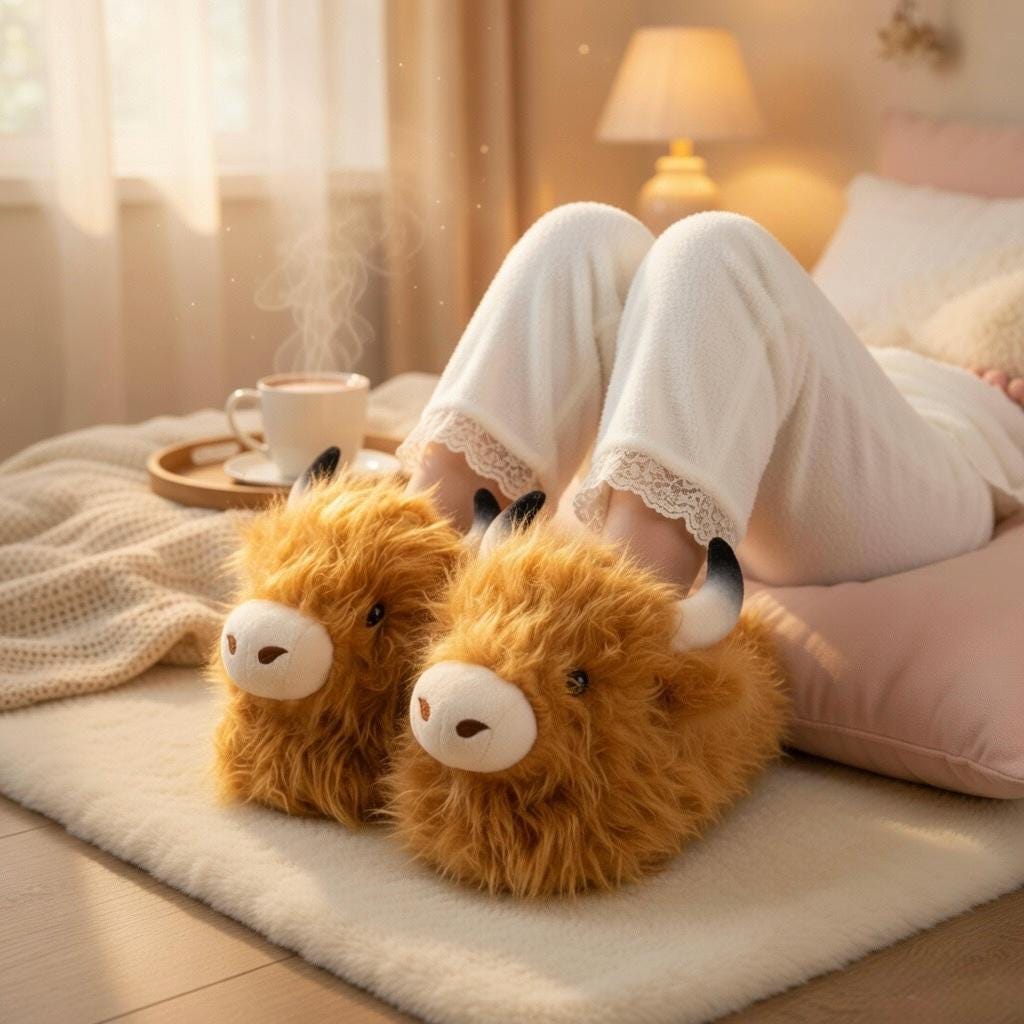 Highland Cow Plush Slippers | Fluffy Animal House Shoes, Cozy Indoor Comfort | SoftSlipsy