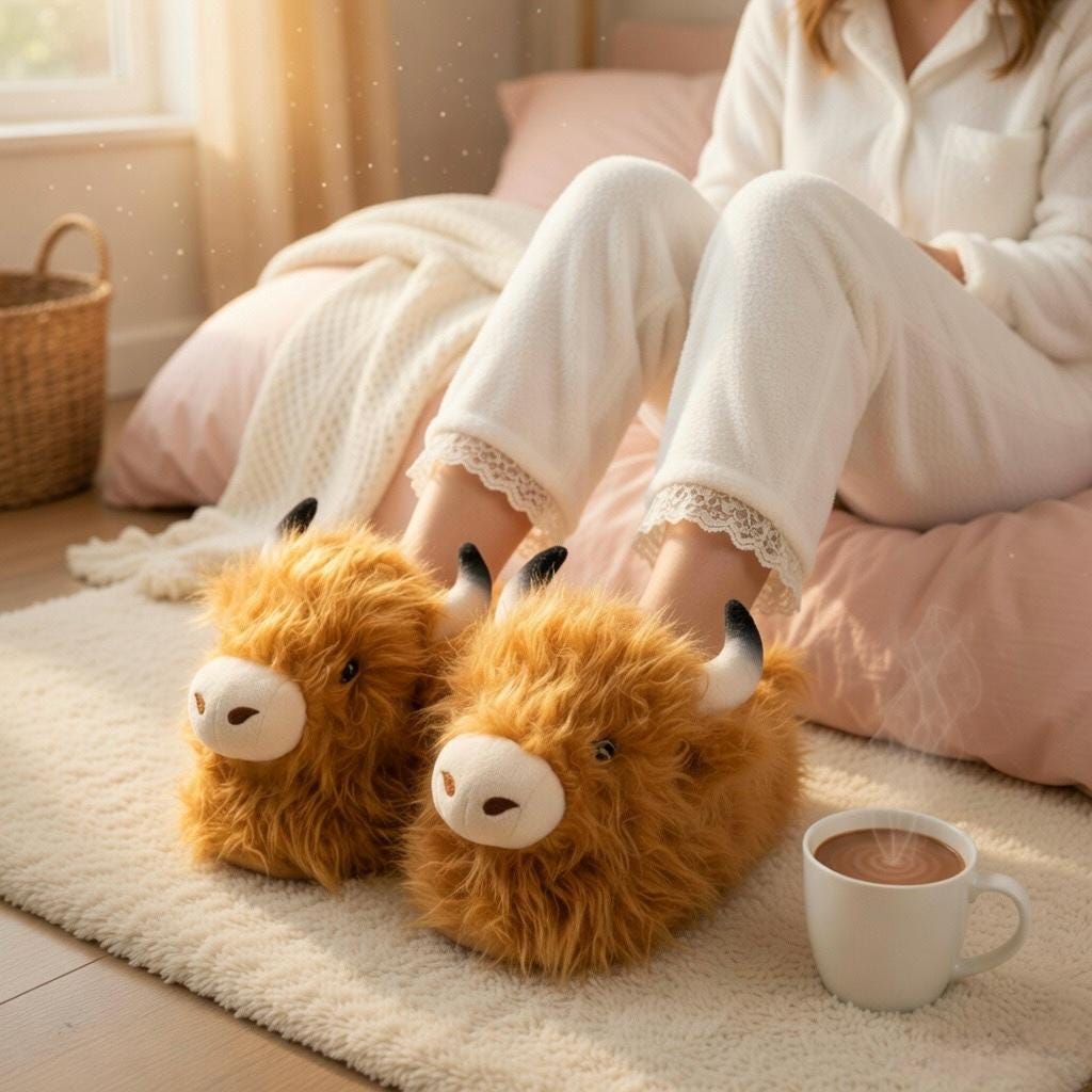 Highland Cow Plush Slippers | Fluffy Animal House Shoes, Cozy Indoor Comfort | SoftSlipsy