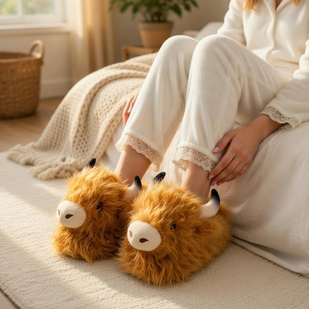 Highland Cow Plush Slippers | Fluffy Animal House Shoes, Cozy Indoor Comfort | SoftSlipsy