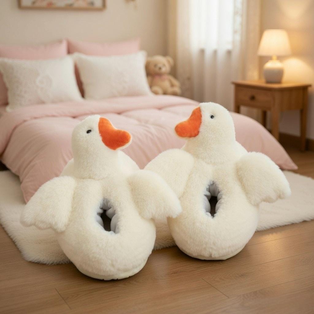 White Duck Plush Slippers | Fluffy Cozy Animal House Shoes | SoftSlipsy