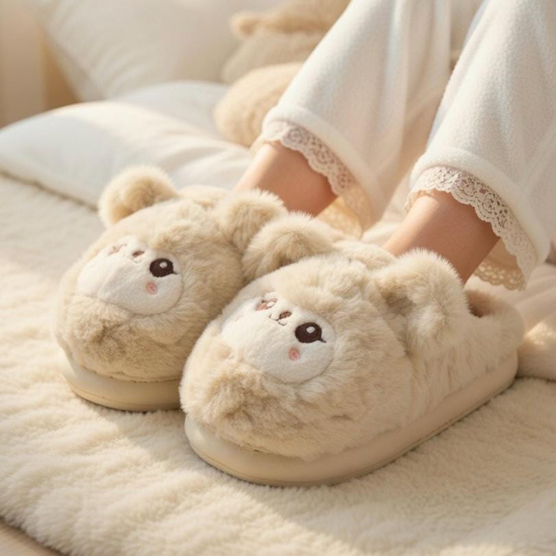 Fluffy Teddy Bear Plush Slippers | Cozy Kawaii Indoor House Shoes | SoftSlipsy