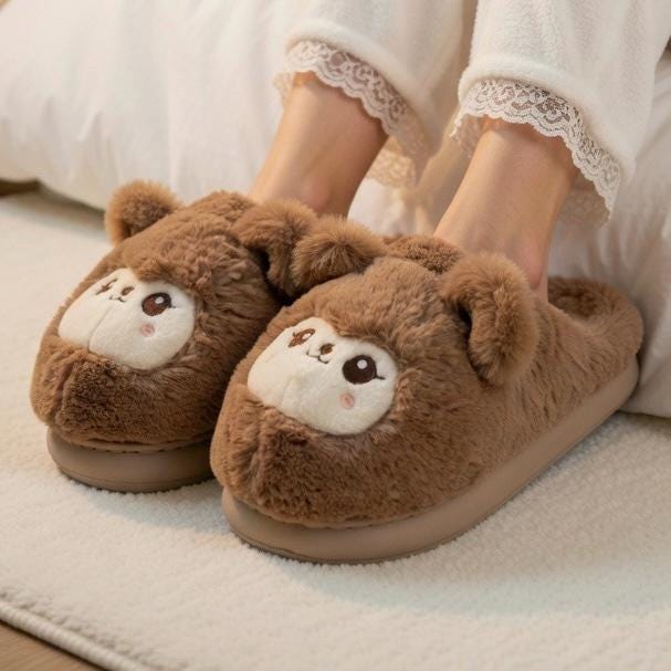 Fluffy Teddy Bear Plush Slippers | Cozy Kawaii Indoor House Shoes | SoftSlipsy