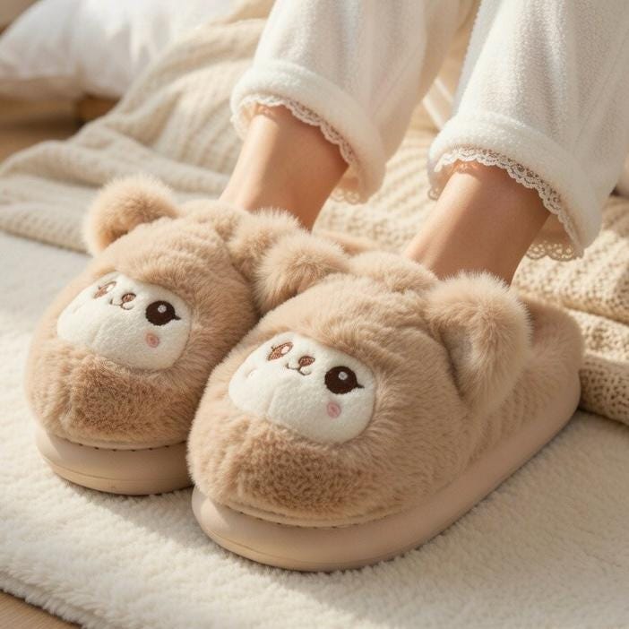 Fluffy Teddy Bear Plush Slippers | Cozy Kawaii Indoor House Shoes | SoftSlipsy