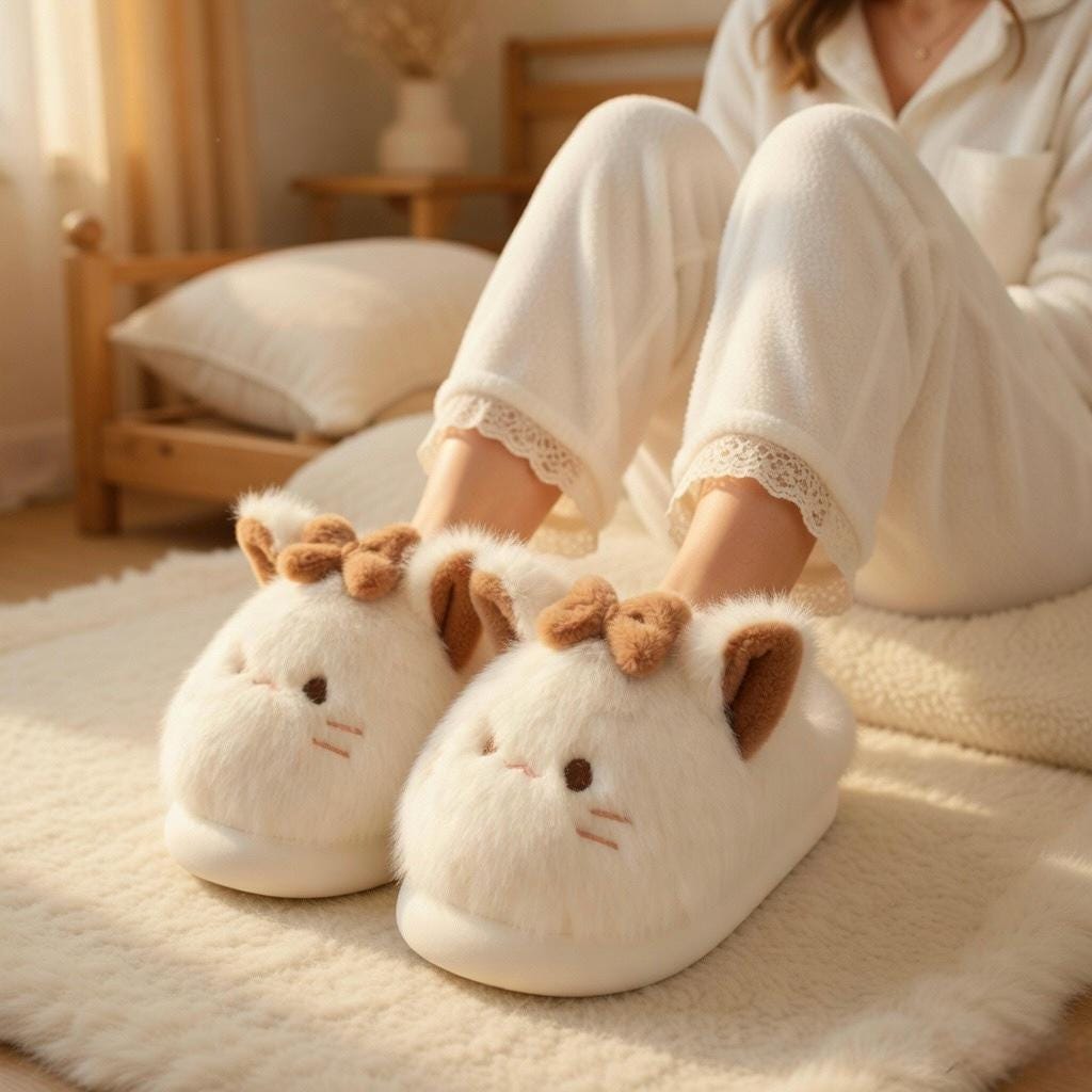 Kawaii Cat Plush Slippers | Bow Detail Cozy House Shoes | SoftSlipsy