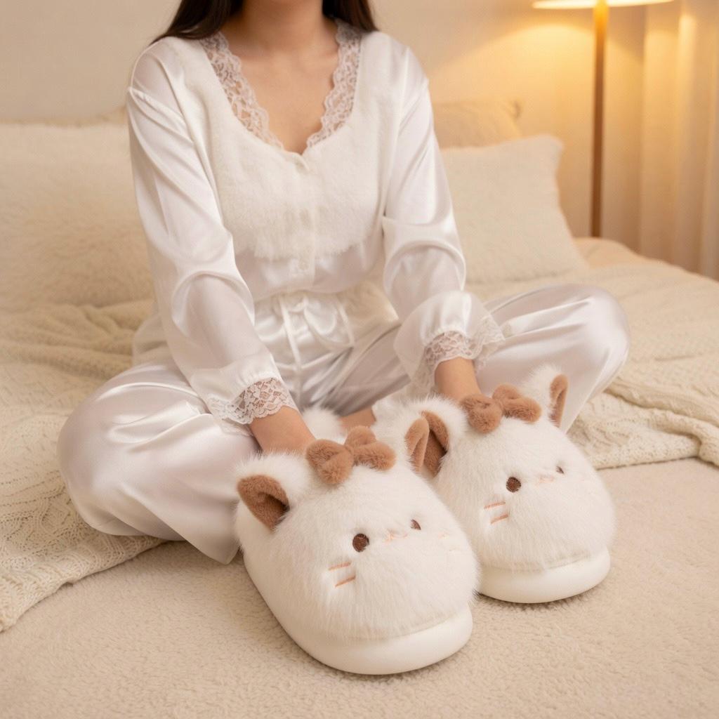 Plush Cat Slippers with Bow | Kawaii Cartoon Indoor House Shoes | SoftSlipsy