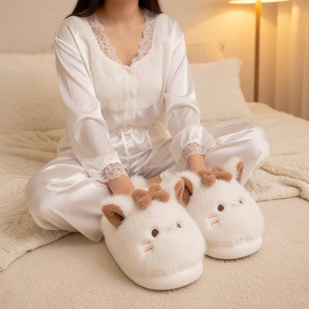 Kawaii Cat Plush Slippers | Bow Detail Cozy House Shoes | SoftSlipsy