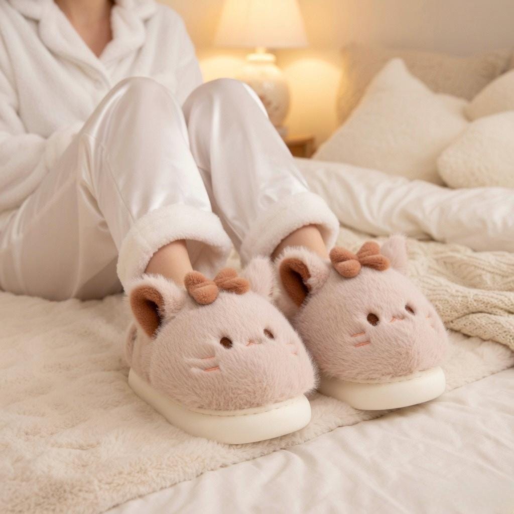 Kawaii Cat Plush Slippers | Bow Detail Cozy House Shoes | SoftSlipsy