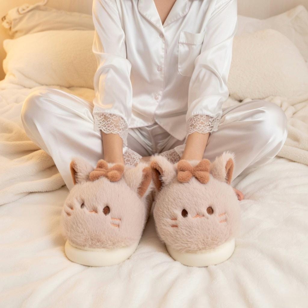 Kawaii Cat Plush Slippers | Bow Detail Cozy House Shoes | SoftSlipsy