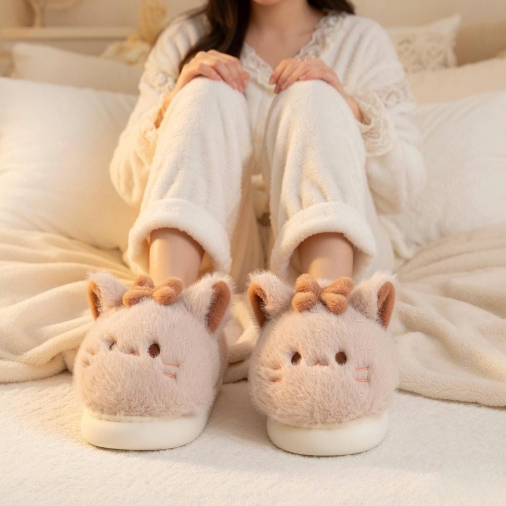 Plush Cat Slippers with Bow | Kawaii Cartoon Indoor House Shoes | SoftSlipsy