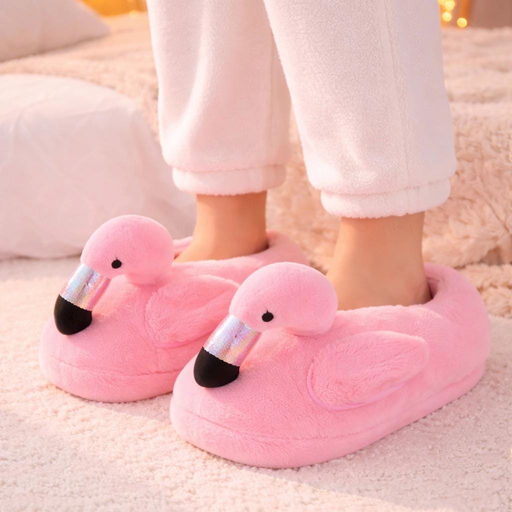 Plush Flamingo Slippers | Cozy Pink Animal House Shoes, Non-Slip Winter Comfort | SoftSlipsy