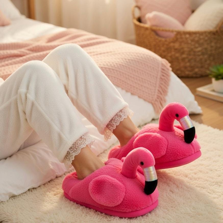 Plush Flamingo Slippers | Cozy Pink Animal House Shoes, Non-Slip Winter Comfort | SoftSlipsy