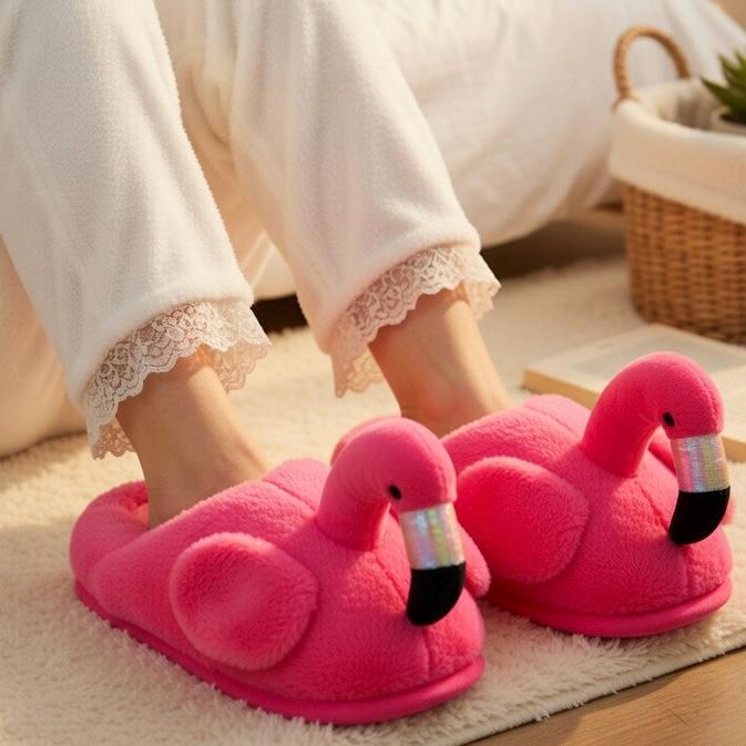 Flamingo Plush Slippers | Cozy Pink Animal House Shoes, Soft Winter Loungewear
